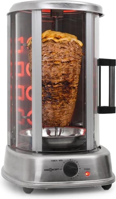 oneConcept Kebabgrill Kebap Master Pro Verticale Grill 1500W roestvrij staal incl. spiesset - voor Thuis - Glazen Schuifdeur Cool-Touch - RVS - Vertikalgrill Gyrosgrill Shoarmagrill - Draaispit