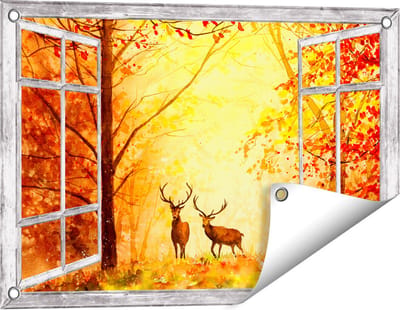 Gards Tuinposter Doorkijk Getekende Herten in het Bos - Herfst - 60x40 cm - Tuindoek - Tuindecoratie - Wanddecoratie buiten - Tuinschilderij