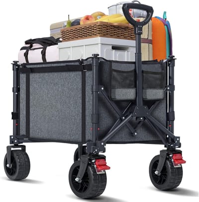 Famanu - Grijze bolderkar 120 l, 100 kg draagvermogen, all-terrain wielen en remmen