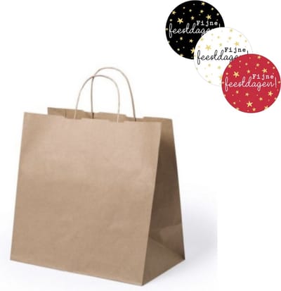 50 x papieren cadeautasjes 26x17x25 cm bruin + stickers "Fijne feestdagen" Kersttassen met handvat Kersttasje Kerst verpakking draagtassen