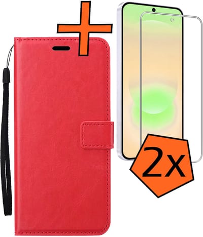 Hoes - Met 2x Screenprotector - Geschikt voor Samsung Galaxy A37 - Luxe Pasjeshouder - Bookcase Portemonee - Flip Case - Kunstleer Book Case - Flipcase Hoes - Book Cover - Walletcase - PortemonneeHoes - Rood