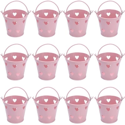 Lot de 12 mini seaux en métal creux en forme de cœur avec poignée pour bonbons, fleurs et cosmétiques d'extérieur