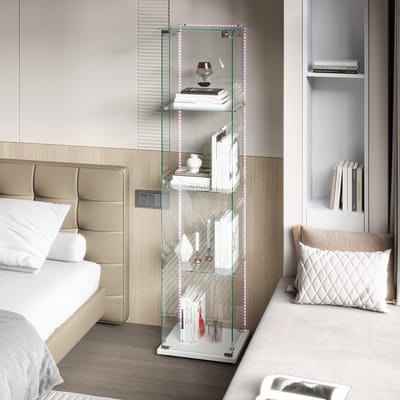 Glazen vitrinekast, 4 lagen, verzamelvitrinekast, LED-lichtstrip en slot, staande glazen kast, woonkamer, slaapkamer, wit