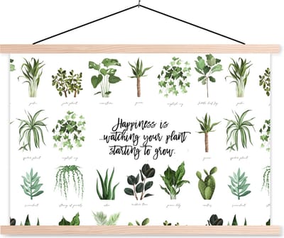 Posterhanger incl. Poster 90x60 cm - Schoolplaat - Quotes - Spreuken - Happiness is... watching your plant starting to grow - Textielposter - Blanke latten