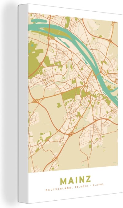 Canvas Schilderij Plattegrond - Mainz - Kaart - Vintage - Stadskaart - 20x30 cm - Wanddecoratie