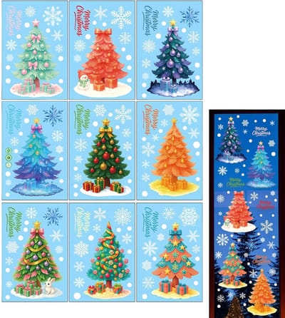 Kerstraamstickers - Raamdecoratiefolie - Feestelijke sfeer - Elektrostatisch - zonder lijm - 9 stuks - Multicolor