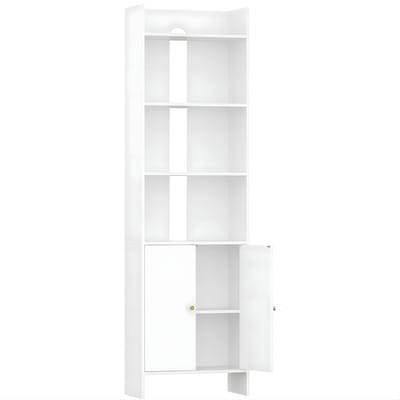 Boekenkast – Voor Woonkamer, Keuken & Thuiskantoor – Opbergkast met 2 Deuren en 6 Niveaus, Display Planken – Wit