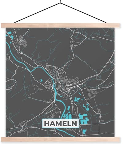 Posterhanger incl. Poster 60x60 cm - Schoolplaat - Stadskaart – Plattegrond – Duitsland – Blauw – Hameln – Kaart - Textielposter - Blanke latten - Stadskaart