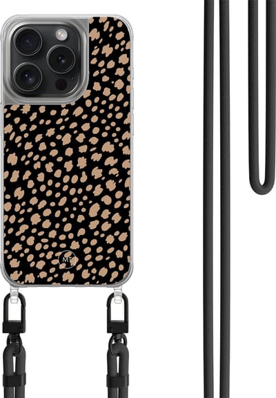 Hoesje met koord geschikt voor iPhone 14 Pro - Savannah spots - Inclusief zwart koord - Crossbody beschermhoes - Transparant, Zwart, Bruin - Mooie Telefoonhoesjes