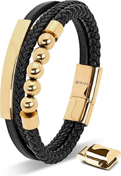 SERASAR Leren Armband Echte Mannen [Pearl] - Goud 23cm - Manchet Cadeau Als Een Parel