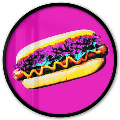 Poster in lijst Rond - Fotolijst 40x40 cm - Posters - Hotdog - Roze - Retro - Ronde posterlijst zwart - Decoratie - Wanddecoratie woonkamer - Muurdecoratie slaapkamer