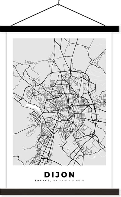 Posterhanger incl. Poster 40x60 cm - Schoolplaat - Plattegrond - Kaart - Stadskaart - Frankrijk - Dijon - Textielposter - Zwarte latten - Stadskaart