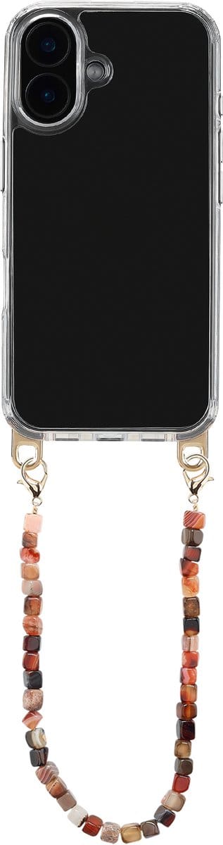 Selencia Transparant Hoesje met Haakjes inclusief Natuurstenen Polskoord - Geschikt voor Apple iPhone 16 - Earth Tones