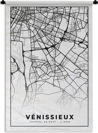 Wandkleed - Wanddoek - Vénissieux - Plattegrond - Kaart - Frankrijk - Stadskaart - Zwart wit - 120x180 cm - Wandtapijt