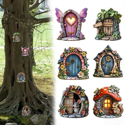 Dailygoods- Feeëndeuren 6 Stuks - Houten Miniatuur Tuindeuren - Decoratie voor Feeënbomen - Sprookjestuin - Weerbestendig - Driedimensionaal Effect - Tuindecoratie