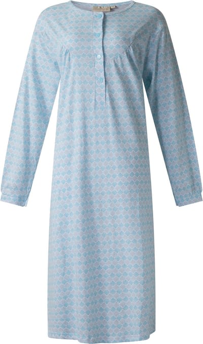 Lunatex - dames nachthemd 5027 lange mouw - nachtjapon van 100% katoen - blauw met print - maat M