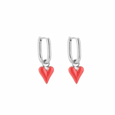 Bijoutheek Oorringen Ovaal Rood Hart Zilver