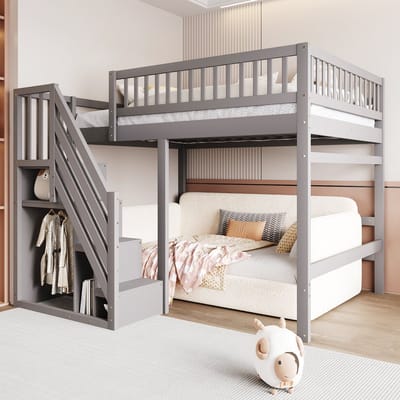 Massief Houten Hoogslaper 140x200 cm - trap met opbergkast - hoge veiligheidsrand - kinderbed - grijs