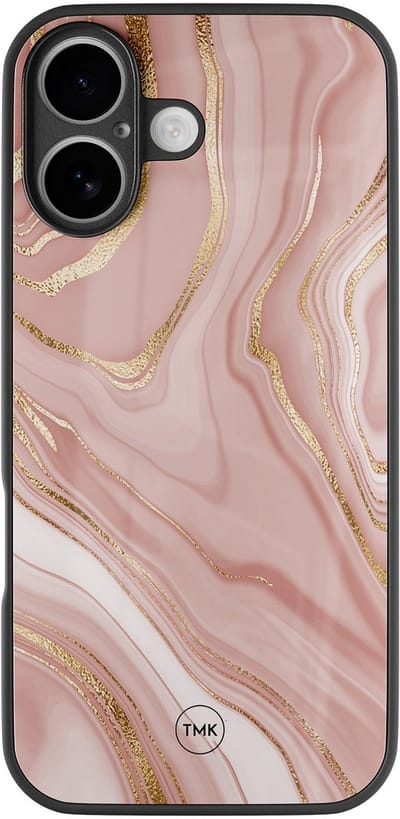 Hoesje geschikt voor Apple iPhone 16 - Rose marble - Roze - TPU luxe case (glossy toplaag) - Marmer - Hardcase backcover zwart