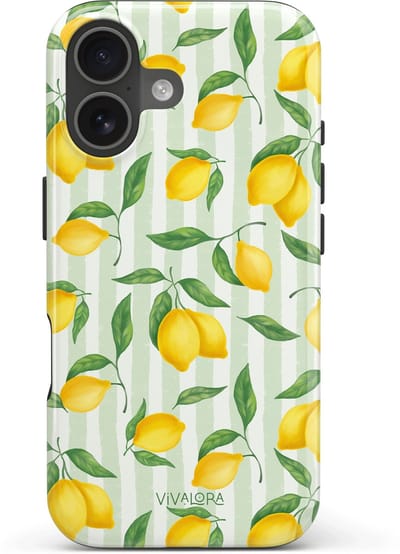 VivaLora Tough Telefoonhoesje iPhone 16 met MagSafe - Citrus Stripes Print - 2-in-1 Phone Case - Hard Case & Siliconen Back - Citroenen Dessin - Extra Bescherming - Shockproof - Geel/Groen