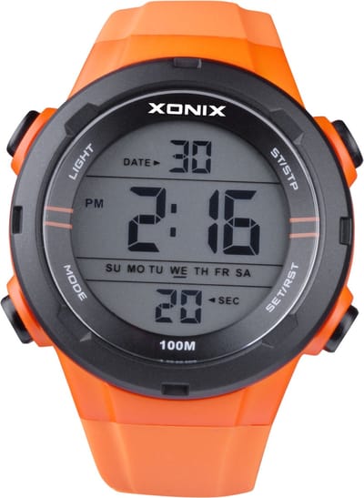 Xonix VZ-A01 - Horloge - Digitaal - Heren - Mannen - Rond - Siliconen band - ABS - Cijfers - Achtergrondverlichting - Alarm - Start-Stop - Chronograaf - Tweede tijdzone - 12/24 - Waterdicht - Oranje - Zwart - 10ATM