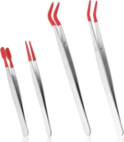 Set van 4 RVS Pincetten met Rubber Tips - Lang, Gebogen en Plat voor Handwerk, Sieraden en Elektronica