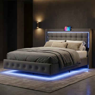 Tweepersoonsbed 160x200 cm - Zwevend Gestoffeerd Bed met LED en USB-poorten - Metalen en Houten Frame - Fluwelen Bekleding - Moderne Stijl - Grijs