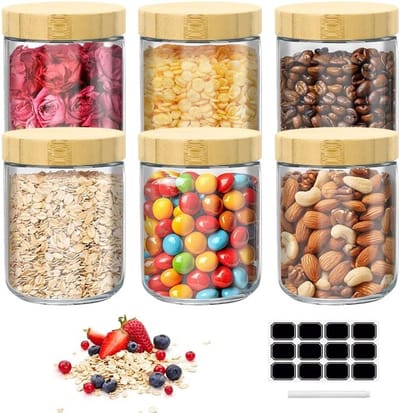 Set van 6 Havermeel Containers, 500ml Glazen Potten met Deksel, Ideaal voor Maaltijdvoorbereiding en Specerijen, Luchtdicht met Labels en Pen