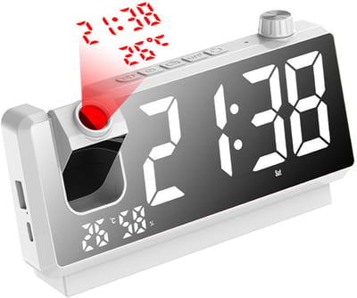 Wekker met projectiefunctie voor de slaapkamer, digitale klok met 180° projector, led-display, dubbele alarmen, temperatuur- en vochtigheidsweergave, dubbele USB-poort, voor diepe slapers, wit
