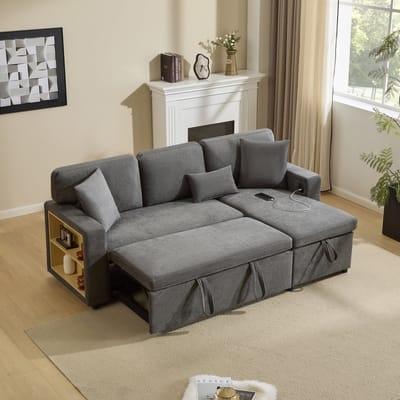 MODENUIT Slaapbank 214 x 131 x 87 cm - Uitschuifbaar Met Opbergruimte En USB - Voor Woonkamer - Oxfordstof Donkergrijs