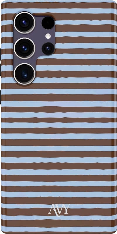 AVY Hoesje geschikt voor Samsung Galaxy S24 Ultra | Ocean Latte | Strepen | Bruin & Blauw | Hard Shell Back Cover | Compatibel met MagSafe & Qi2