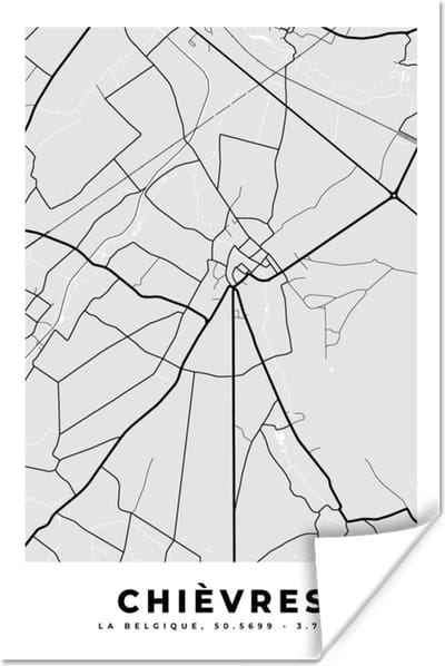 Poster Stadskaart – Zwart Wit - Kaart – Chièvres – België – Plattegrond - 120x180 cm XXL
