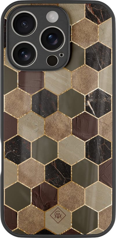 Casimoda® hoesje - Geschikt voor iPhone 16 Pro - Kubus Bruin Groen - Luxe Hard Case Zwart - Backcover telefoonhoesje - Bruin/beige