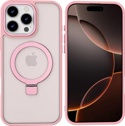 Hoesje Geschikt voor iPhone 16 Pro Max Magsafe hoesje - hard backcover - Magnetische Standaard - Ringhouder - Mat Transparant / Licht Roze