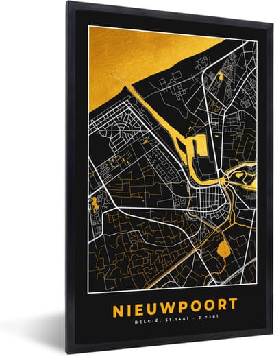 Fotolijst incl. Poster - Kaart - Stadskaart - Plattegrond - Nieuwpoort - Goud - 40x60 cm - Posterlijst