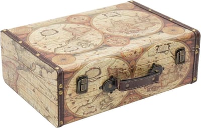 Vintage Houten Decoratieve Koffer, Opbergdoos met Deksel en Leren Handvat, Stijlvolle Opbergoplossing voor Verjaardag of Bruiloft, Wereldkaart Kleur, 38 x 26 x 13 cm, Uniek Cadeau Idee