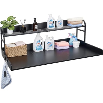 Plan de travail pour lave-linge séchant avec étagère, 137 x 69,9 cm Plateau en bois pour lave-linge et sèche-linge avec bordure et 2 crochets, Plateau pour machine à laver pour placard à linge