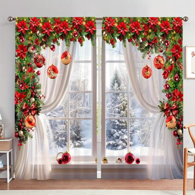 2 stuks Feestelijke Kerst & Groene Dennenprint Gordijnen, Tunnelontwerp voor Eenvoudig Ophangen, Perfect voor Woonkamer, Kantoor, Slaapkamer W50xH130(CM)x2pcs&Hook