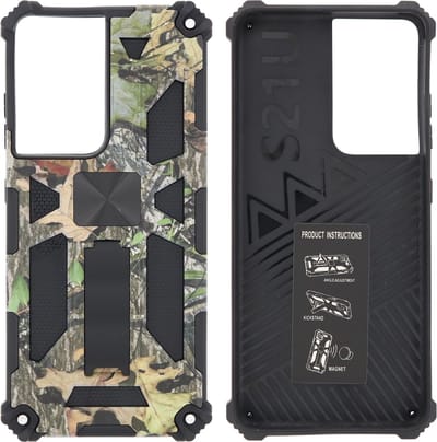 Hoesje Geschikt Voor Samsung Galaxy S21 Ultra Hoesje - Rugged Extreme Backcover Blaadjes Camouflage met Kickstand - Groen