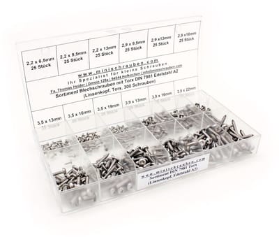 Assortimentsdoos met 300 RVS Plaatschroeven DIN 7981-TX Lenskop TX A2