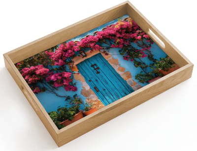 Dienblad hout 40x30 cm - Schootdienblad - Deur - Hout - Bloemen - Blauw - Borrelplank rechthoek - Plateau dienbladen