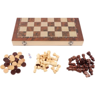 3 in 1 Houten Schaken Dammen Set Draagbare Schaken Dammen Spelset met Houten Opvouwbaar Bord voor beige