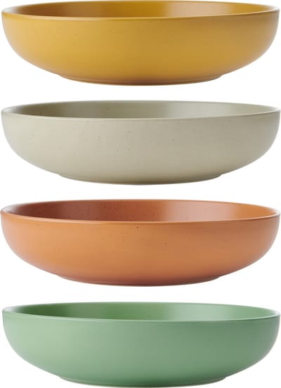 KitchenCraft Idilica aardewerk pastakommen, set van 4 keramische ondiepe borden, magnetron- en vaatwasmachinebestendig, geassorteerde kleuren