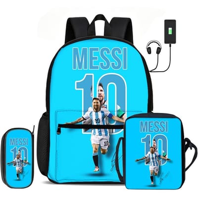 Leer, Reizen Voetbal Sport Rugzak M-Messi 3 Delige Set Kinderrugzak Schoudertas, Etui, Voetbalster Rugzak