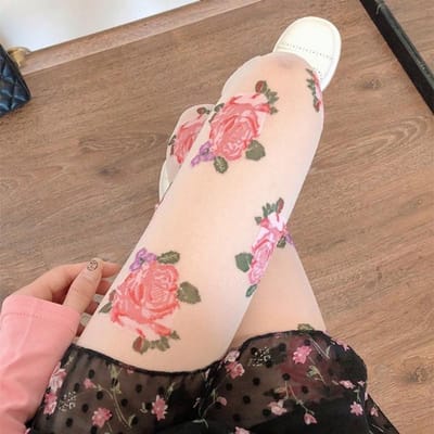 Mode Japonaise Broderie Florale Lolita Bas Collants Rose Vif/Noir Collants Floraux Mailles Fines Collants Pieds Fins Leggings One Size beige