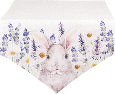 Clayre & Eef Tafelloper 50x160 cm Wit Roze Katoen Lavendel Konijn Tafelkleed