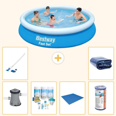 Bestway Rond Opblaasbaar Fast Set Zwembad - 366 x 76 cm - Blauw - Inclusief Pomp - Onderhoudspakket - Grondzeil - Filter - Stofzuiger - Solarzeil - 7-delig