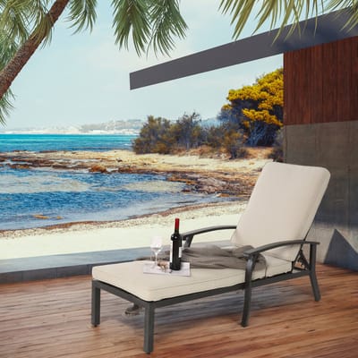 Ligbed - Verstelbaar - Chaise Lounge met Katoenen Kussen - Aluminium - Beige