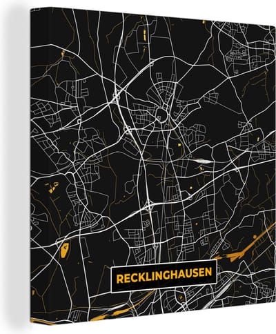 Canvas Schilderij Duitsland – Black and Gold – Recklinghausen – Stadskaart – Kaart – Plattegrond - 20x20 cm - Wanddecoratie