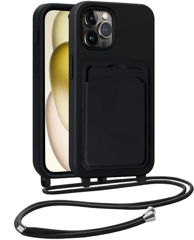 Hoesje Geschikt voor iPhone 14 Pro Telefoonhoesje Met Koord Case Pashouder Siliconen - Hoes Geschikt voor iPhone 14 Pro Hoesje Met Kaarthouder - Zwart